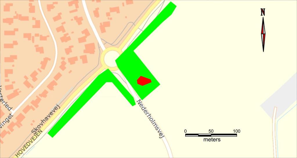 Figur 2. Med grønt er markeret de arealer, som umiddelbart kunne frigives efter forundersøgelsen. Med rødt er markeret det udpegede område med væsentlige fortidsminder. Figur 3.