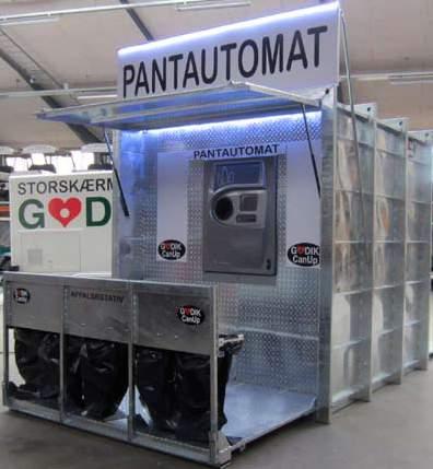 Container med pantautomat combi-knuser til dåser og PET-flasker Container med pantautomat og grønne kar for returpant Pantautomat varenr. 12650 Mål automat: H.245, B. 225, L. 225 cm. Mål automat udsl.