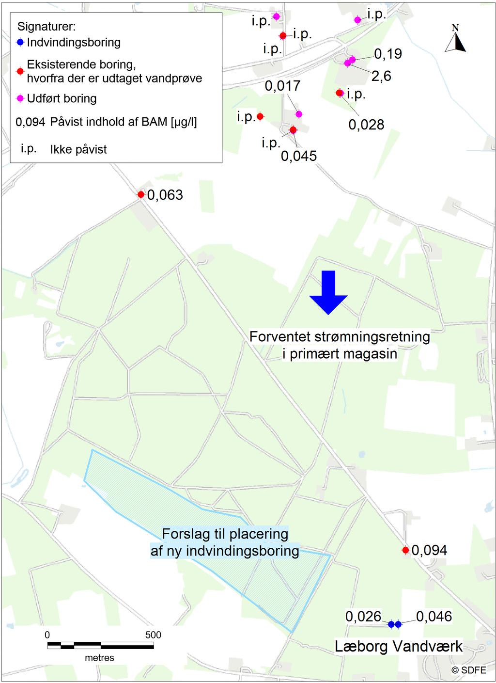 Forslag til området, hvor Læborg Vandværk på sigt kan etablere en ny boring.