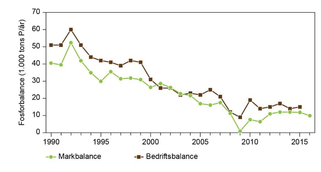 Den totale fosforbalance for dansk landbrug opgjort som bedriftsbalance giver et lidt større overskud. I 2015/16 udgjorde dette overskud ca. 15.