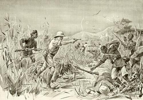 Captain Butler and thirteen Native Soldiers attacking one hundred of the enemy in the bush of the Cameroons. Tegnet af M. Dovaston, og set til salg hos MILPRINTS.