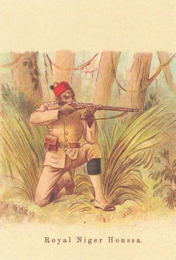 Royal Niger Houssa, ca. 1900. Tegnet af Richard Simkin. Fra et postkort udgivet af Dorset Soldiers i 2007.