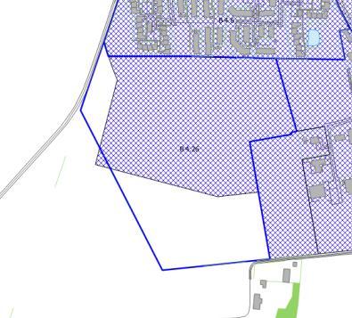 Med blåt omrids er vist B 4.26 i Kommuneplan 2013 og med blå skravering ses ny afgrænsning af B 4.26 som foreslås i Kommuneplan 2017. B 4.26 Skuldelev Syd ligger i en landsby med dagligvarebutik, skole og institution.