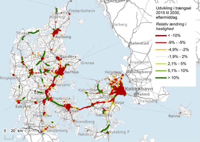 Biltrafik frem til 2030 Stigende trafik og markant større trængsel i fremtiden Især hvor der i forvejen er trængsel