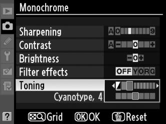 A Filter Effects (Filtereffekter) (kun Monochrome [Monokrom]) Indstillingerne i denne menu simulerer effekten af farvefiltre på monokrome billeder.