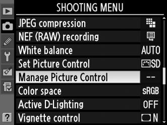 Oprettelse af brugerdefinerede billedstyringsfunktioner Det er muligt at redigere og gemme Nikonbilledstyringsfunktionerne, der følger med kameraet, som brugerdefinerede billedstyringsfunktioner.