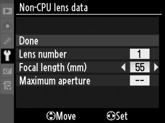 Markér [Lens number] (Objektivnummer), og tryk på 4 eller 2 for at vælge et objektivnummer mellem 1 og 9. 3 Vælg en brændvidde.