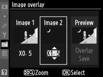 Optimer eksponeringen til overlay'et ved at trykke på 1 eller 3 for at vælge forøgelsen for billede 1.