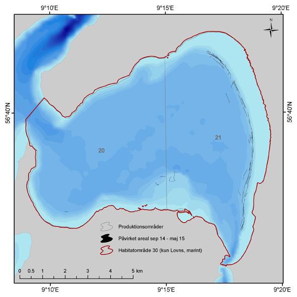 Figur 7. Areal påvirket af skrab i fiskerisæsonen 2014/15 i Lovns Bredning. Arealet er genereret ud fra black box data.