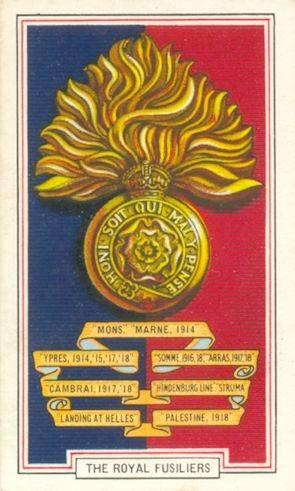 The Royal Fusiliers. Cigaretkort nr. 30 fra serien Army Badges, udgivet i 1939 af tobaksfirmaet Gallaher Ltd.