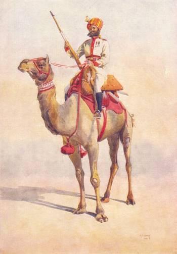 Bikaner Ganga Risala, Sowar (menig). Tegnet af A.C. Lowett, 1910. Postkort fra National Army Museum, London. Soldaten er en Rathore Rajput.