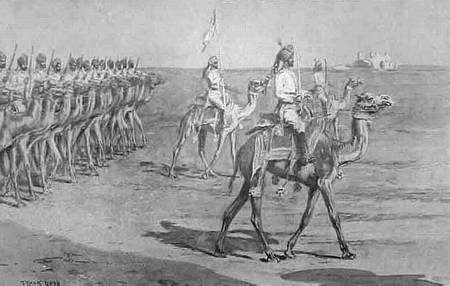 Bikaner Camel Corps, 1912. Fra en side fra The Graphic, december 1912. Set til salg på Internettet. Yderligere 50 mand og 150 kameler tilgik i oktober 1903 til erstatning for tab.