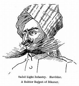 Sadul Light Infantry, Havildar (sergent), ca. 1910. Fra Kilde 2. Kamelkorpset blev mobiliseret i august 1914 og forberedt på oversøisk deployering.