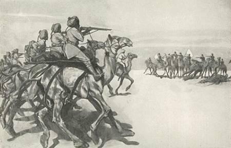 Træfningen ved Bir-el-Nuss, 20. november 1914, mellem en patrulje fra Bikaner Camel Corps og tyrkiske enheder, hvis hvide flag fejlagtigt antyder, at de vil overgive sig.