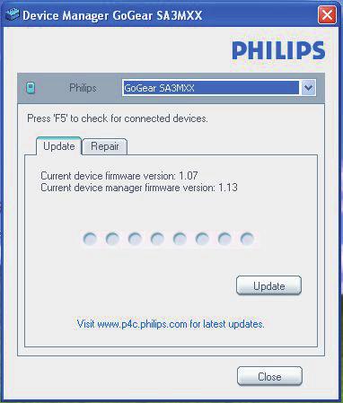5 Opdater firmwaren gennem Philips Device Manager 2 Start Philips Device Manager. Der vises en dialogboks. 3 Tilslut SOUNDDOT til din PC. Når enheden er tilsluttet, vises "SA4DOTXX" i tekstfeltet.