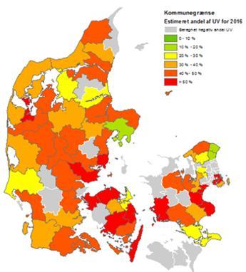 Figur 4: Estimeret andel af uvedkommende vand i kommuner i Danmark Kilde: Envidan, 2018 Rambølls spørgeskemaundersøgelse giver kun få svar på spørgsmål om omfang af uvedkommende vand.