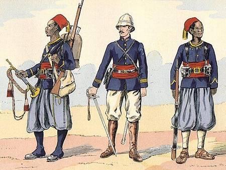 Tegnet af Hector Large. Fra Kilde 13. De første senegalesiske skytteregimenter (tirailleurs) blev oprettet i 1857 af Louis Faidherbe 1), der var guvernør i Fransk Vestafrika.