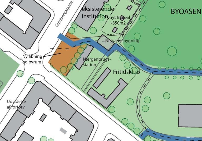 helhedsplanen for De Gamles By med angielse af pladsen og cyelforbindelsen (med blå) samt netærsbygningen, der sal flyttes for at gie en bedre adgang til de grønne områder.