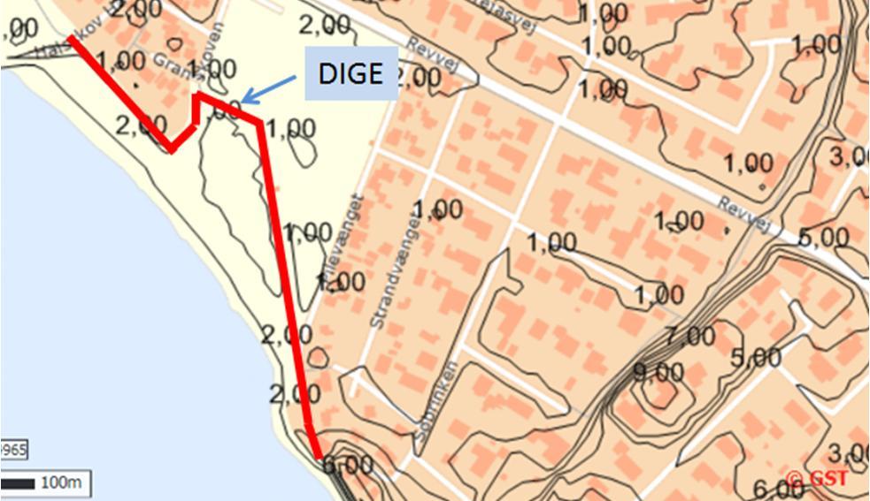På nær et mindre område ligger hele området under den valgte sikringskote på +2,06 m. Kyststrækningen er i dag beskyttet af et dige med topkote i ca. +1,8 m (Figur 4-14).