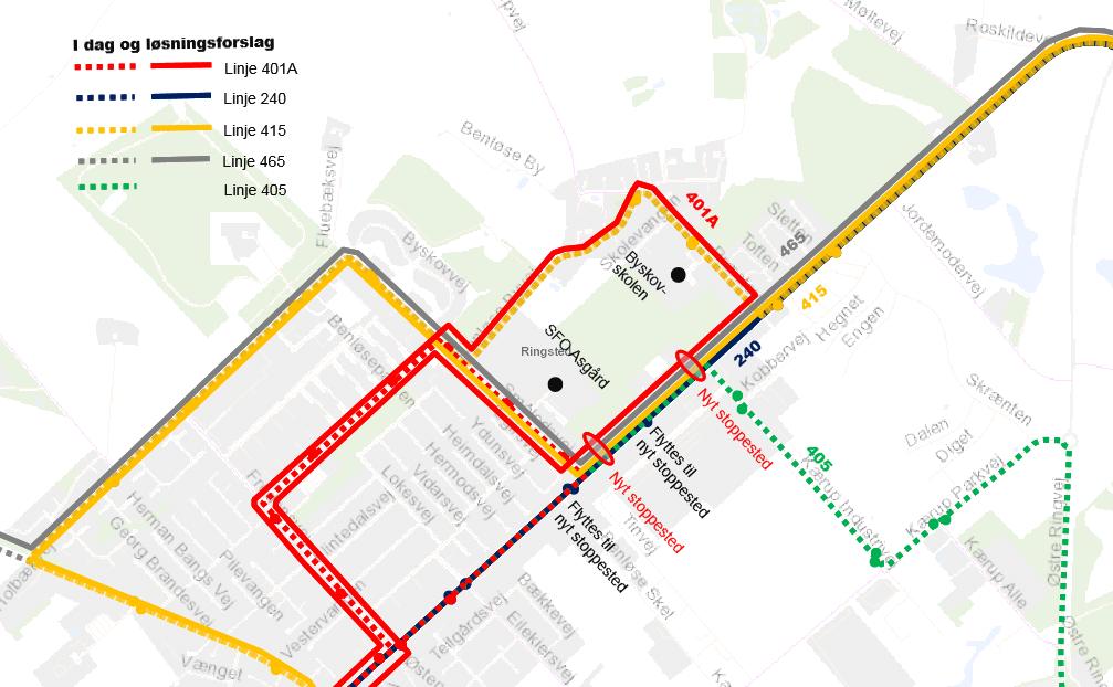 Forslag 3A: Forlængelse af linje 401A Løsningsforslag Linje 401A foreslås forlænget til Benløse By med samme højfrekvente køreplan som i dag. Herved kommer A-busbetjeningen indenfor rækkevidde af bl.