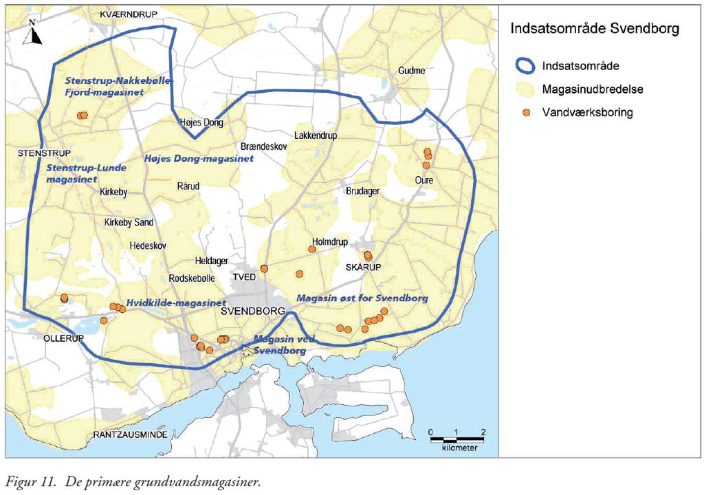 Indvinding i Svendborg området Magasiner i det meste af indsatsområdet Forurenede lokaliteter Indvindingen i byområdet udgør 50% af