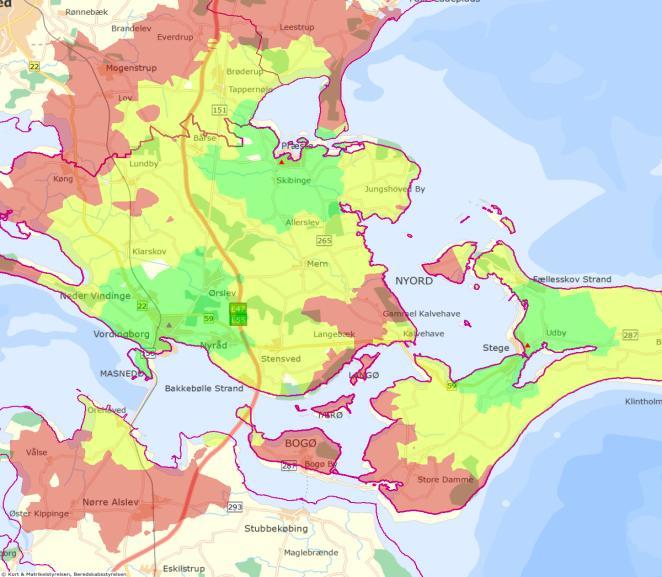 mindre byer og landdistrikter er dækket indenfor 15 minutter (gul zone).