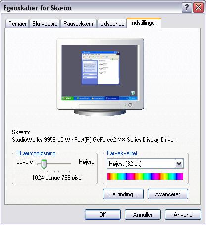 Windows XP Side 19 Indstillinger På fanebladet Indstillinger kan skærmopløsning og farver redigeres.