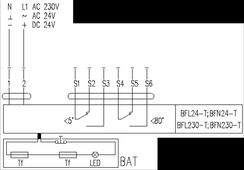 Fortrådningsdiagram for aktuatorerne BF24-T, BLF24-T, BF230-T og BLF230-T   Fortrådningsdiagram for