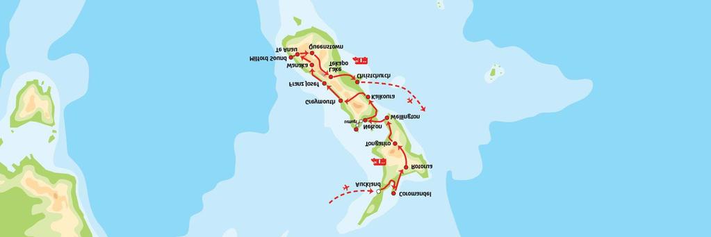 Dagsprogram Dag 1: Danmark - New Zealand Flyrejsen går den lange vej fra Danmark til New Zealand enten via Asien eller Nordamerika.