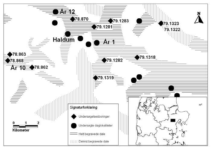 Figur 5 Begravede dale ved Århus Nord. Efter Sandersen og Jørgensen (2002) [12]. På kortet ses endvidere de undersøgte daglokaliteter i området. Boring DGU nr. 78.863, 78.868, 78.870 og 79.