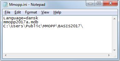 INI filen angiver database og sti Herefter skulle programmet være klar til kørsel ved dobbeltklik på programmet MMOPP2017.