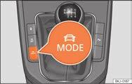 Kørsel Valg af køreindstilling Køreprofil Kendetegn Kickdown Fig. 243 Ved siden af gearstangen: knappen MODE Du kan vælge mellem Normal, Sport, Eco og Individual.