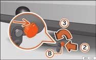 Afmontering af aftageligt kuglehoved trin 2 Tryk oplåsningsstiften A helt i pilens retning 1, og tryk samtidig armen B helt i pilens retning 2.