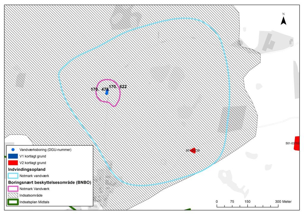 Figur 6-18: Placering af Notmark-Almsted Vandværks indvindingsopland med angivelse af BNBO, forureningskortlagte ejendomme og indsatsområde.