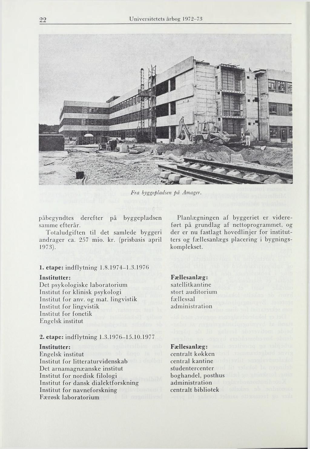 22 Universitetets årbog 1972-73 Fra byggepladsen på Amager. påbegyndtes derefter på byggepladsen samme efterår. Totaludgiften til det samlede byggeri andrager ca. 257 mio. kr. (prisbasis april 1973).
