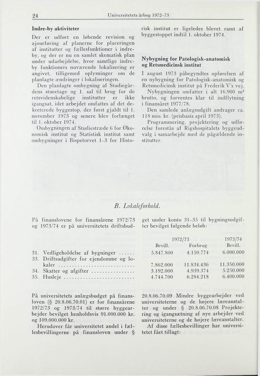 24 Universitetets årbog 1972-73 Indre-by aktiviteter Der er udført en løbende revision og ajourføring af planerne for placeringen af institutter og fællesfunktioner i indreby, og der er nu en samlet