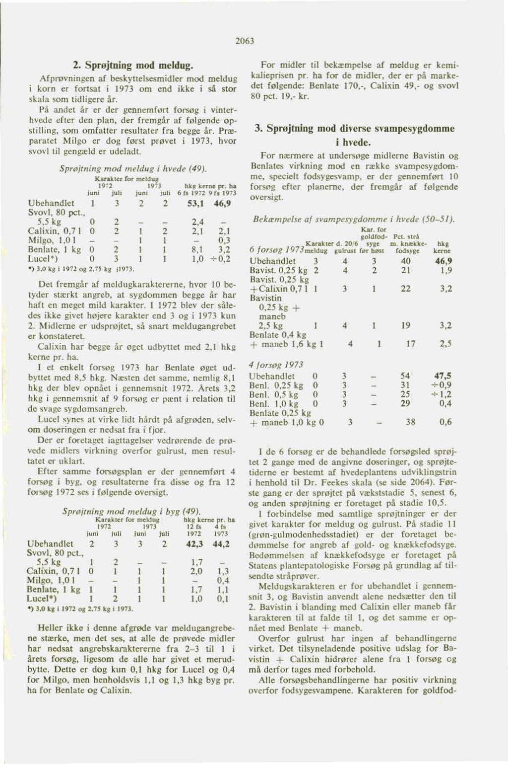 206l 2. Sprojtning mod meldug. Afprovningen af beskyuelsesmidler mod meldug i korn er fortsat i 1973 om end ikke i så stor skala som tidligere <lr.