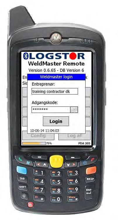5.2.1 WeldMaster WeldMaster - Instruktioner - Generelt til PDA Login-skærm Når PDA en tændes, fremkommer et loginskærm. Log på ved at indtaste entreprenørens navn og password.