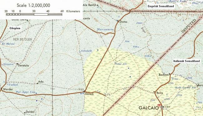 Kort 1: Uddrag af kortet North and Central Somalia, Sheet 21 (Djibouti), udarbejdet i 1968 af Det amerikanske Ingeniørkorps kartografiske tjeneste.