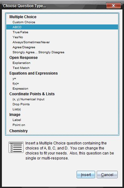 2. Vælg en spørgsmålstype, og klik på Indsæt. Et nyt dokument åbnes med åben spørgsmålsskabelon, og markøren i tekstområdet Spørgsmål.