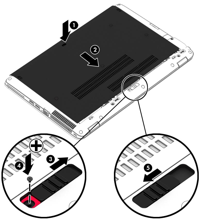 4. Med et batterirum, der vender ind mod dig, skal du skubbe udløserknappen til servicedækslet mod højre (3), og hvis du vil, skal du isætte og stramme den valgfri skrue (4) for at sætte