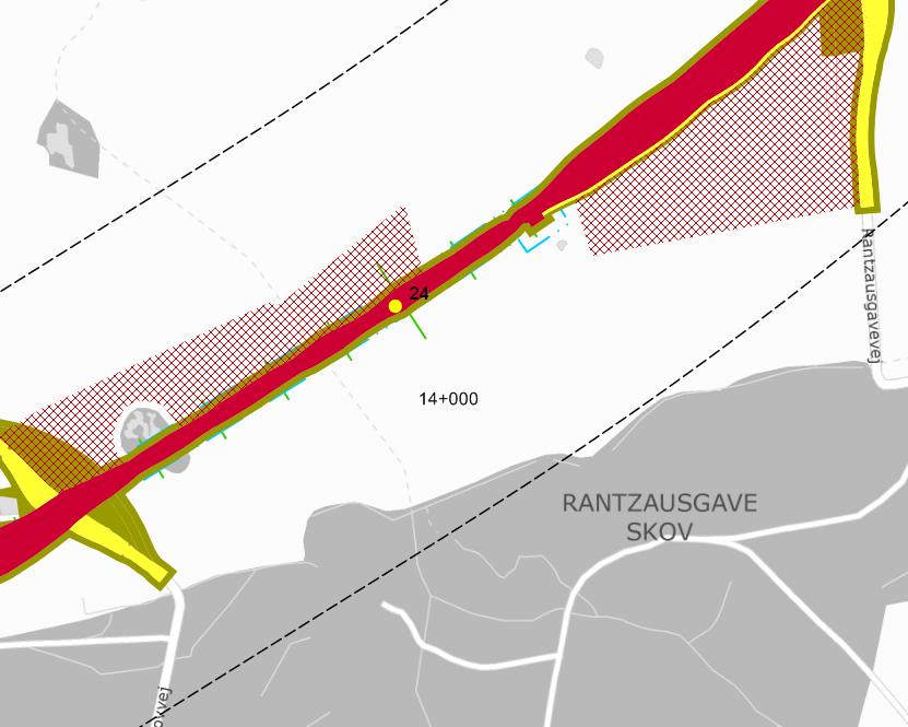 Figur 13. Anlægsarbejde ved fokusareal nr. 24 ved Østlig linjeføring, markeret med gul prik. Permanent areal er markeret mørk rød, mens midlertidigt areal er markeret olivengrøn.