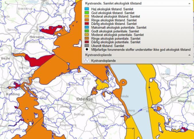 Miljøtilstand Odense Fjord Økologisk tilstand: Vandområdernes økologiske tilstand vurderes efter VRD forskrifter på baggrund af 3 biologiske tilstandsindikatorer (bundfauna, klorofyl, og