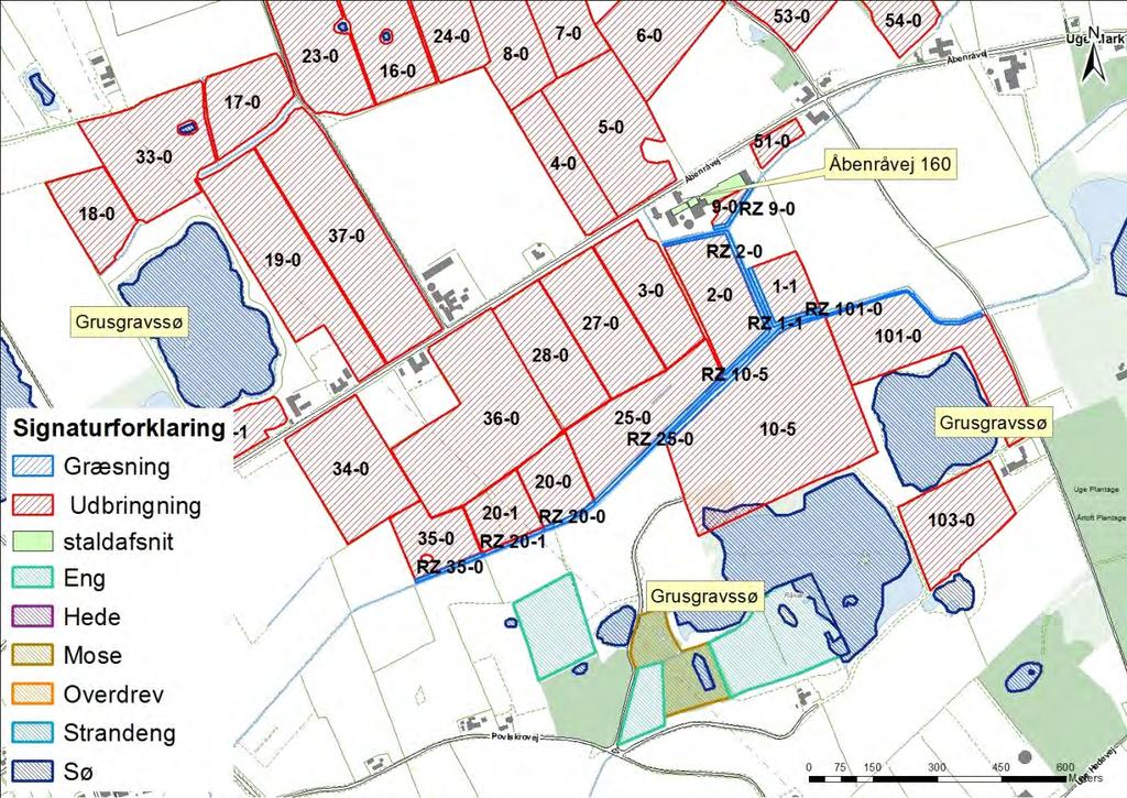 Kort 15. Placeringen af grusgravssøer i forbindelse med udbringningsarealerne omkring ejendommen. Vurdering Vandhuller og søer Der ligger ca. 16 vandhuller og søer inden for 1.000 meter af ejendommen.