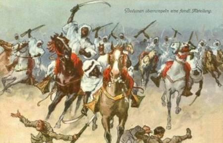 Beduinen überrumpeln eine feindliche Abteilung. Fra et tysk postkort, udgivet ca. 1915, og set til salg på Internettet.