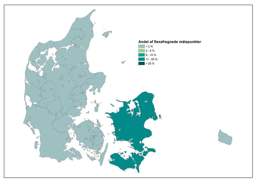 4.9 KONVERTEREDE MÅLEPUNKTER Danmarkskortet viser hvor stor en andel af alle målepunkter som er blevet konverteret til flexafregning i de enkelte netområder for december måned.