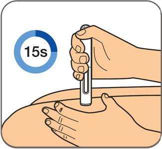 Trin 6: Når du hører det andet klik, tæller du langsomt til 15, så du er sikker på, at injektionen er færdig. Du må ikke lette trykket på injektionsstedet, inden injektionen er færdig.