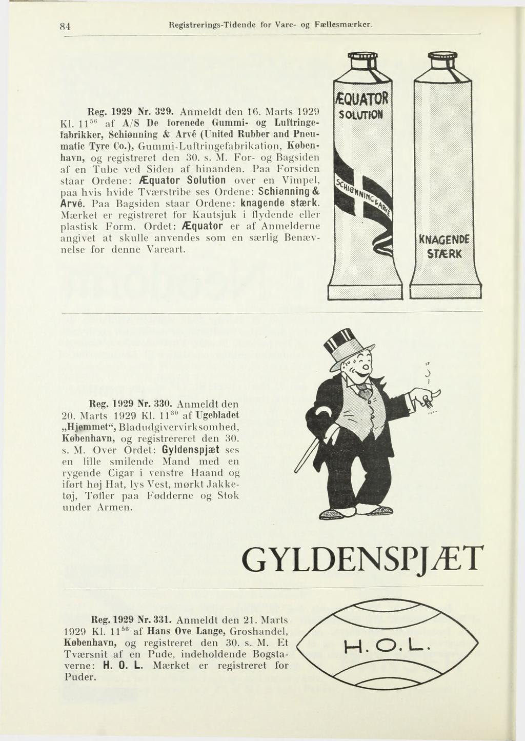 Registrerings-Tidende for Vare- og Fællesmærker. Reg. 1929 Nr. 329. Anmeldt den 16. Marts 1929 Kl.