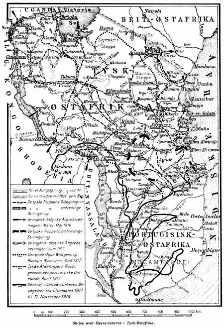 Kort 1: Skitse over operationerne i Tysk Østafrika 3).
