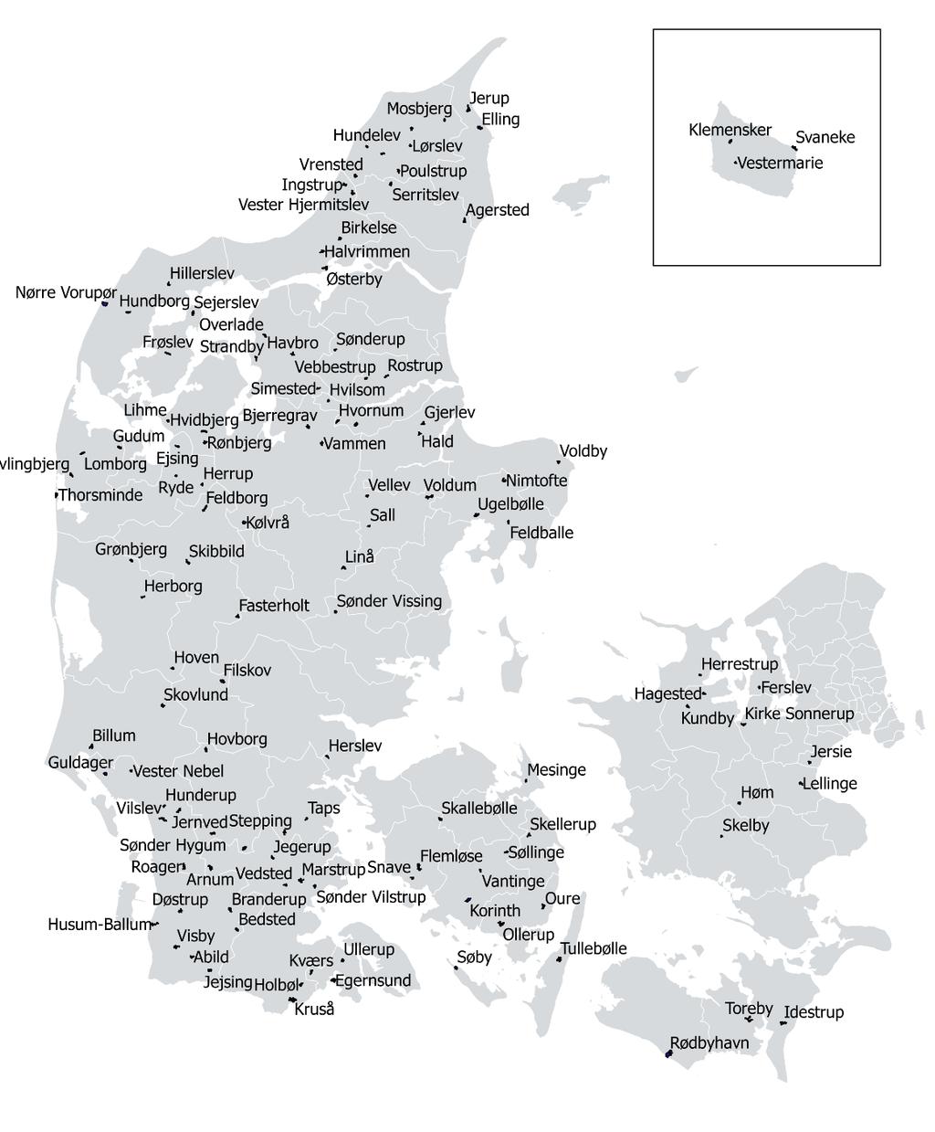 Bilag 2 Danmarkskort over byer, hvor sidste folkeskole er lukket, 2008-2017. Figur B2.